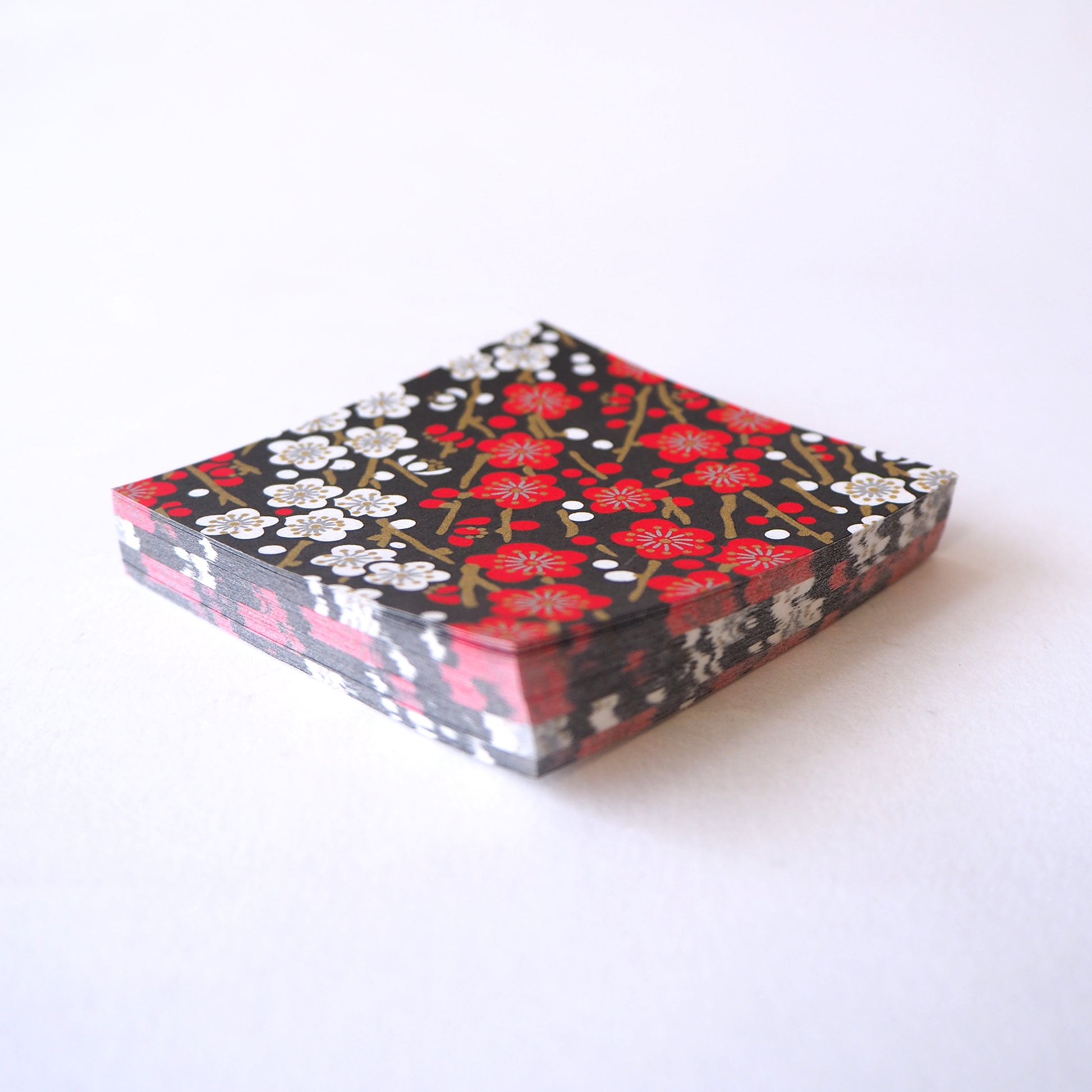 Pack of 100 Sheets 7x7cm Yuzen Washi Origami Paper HZ-382 - Red White Plum Flower Black - washi paper - Lavender Home London