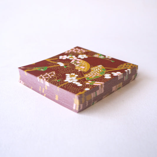 Pack of 100 Sheets 7x7cm Yuzen Washi Origami Paper HZ-398 - Floral Fans Brown - washi paper - Lavender Home London