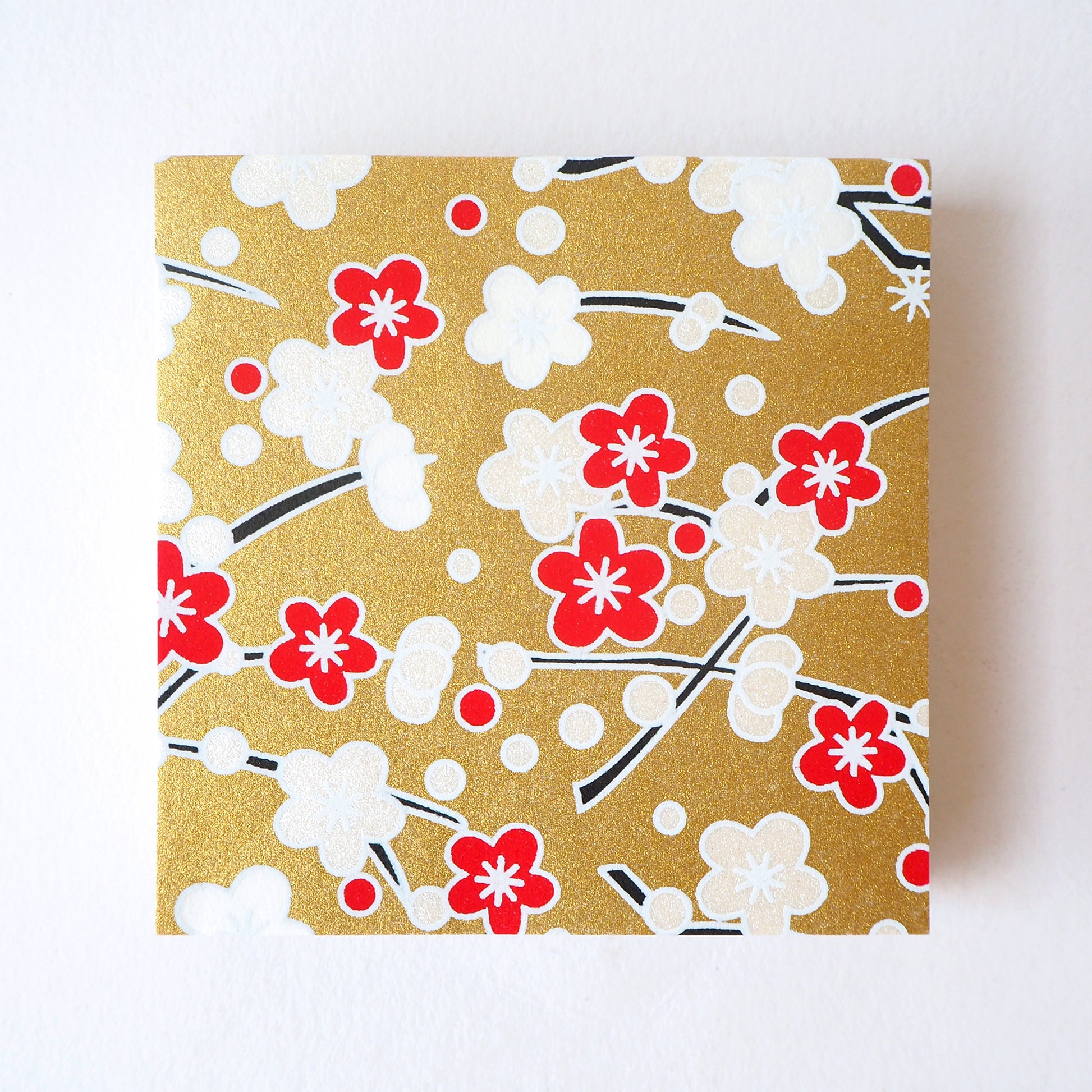 Pack of 100 Sheets 7x7cm Yuzen Washi Origami Paper HZ-413 - Red White Plum Flowers Gold - washi paper - Lavender Home London