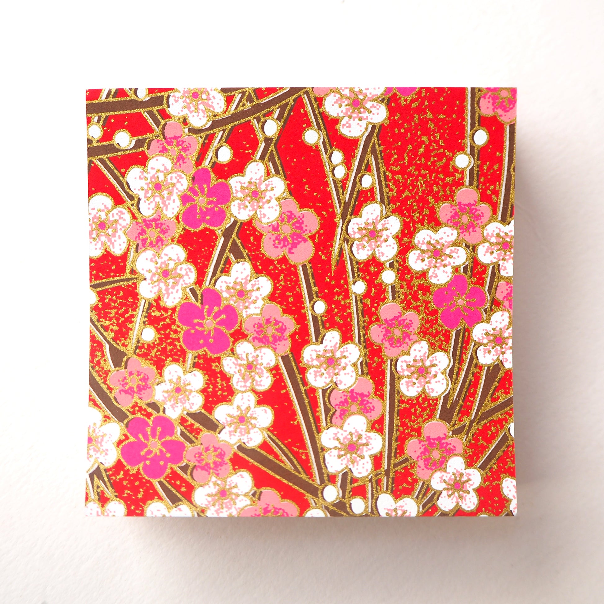 Pack of 100 Sheets 7x7cm Yuzen Washi Origami Paper HZ-431 - Pink White Plum Flowers Red - washi paper - Lavender Home London