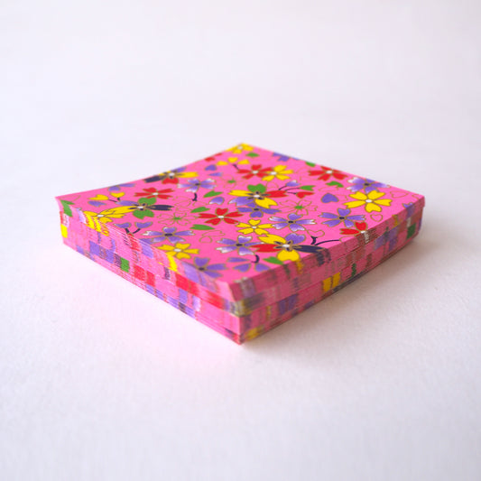 Pack of 100 Sheets 7x7cm Yuzen Washi Origami Paper HZ-440 - Various Colour Cherry Blossom Vivid Pink - washi paper - Lavender Home London