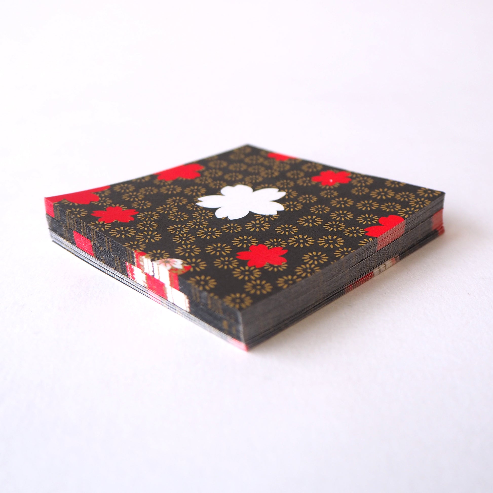 Pack of 100 Sheets 7x7cm Yuzen Washi Origami Paper HZ-444 - Cherry Blossom & Chrysanthemum Black - washi paper - Lavender Home London