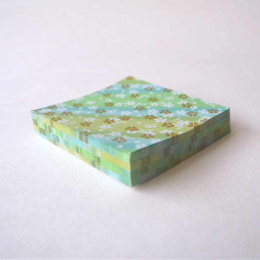 Pack of 100 Sheets 7x7cm Yuzen Washi Origami Paper HZ-448 - Small Cherry Blossom Green Shades Stripes - washi paper - Lavender Home London