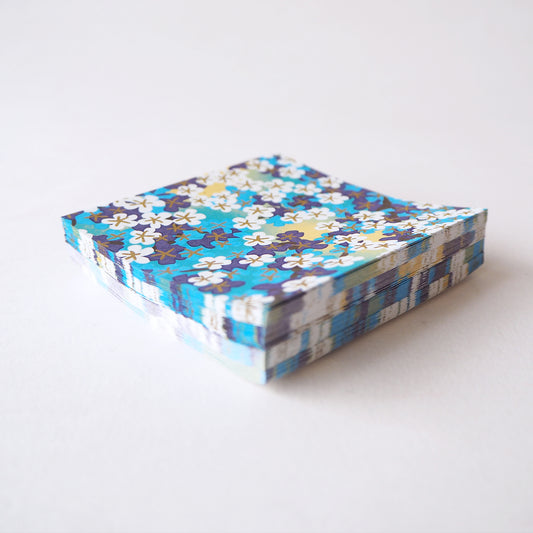 Pack of 100 Sheets 7x7cm Yuzen Washi Origami Paper HZ-458 - White Plum Flowers Blue - washi paper - Lavender Home London