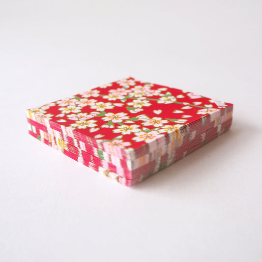 Pack of 100 Sheets 7x7cm Yuzen Washi Origami Paper HZ-465 - Cherry Blossom Dark Red - washi paper - Lavender Home London