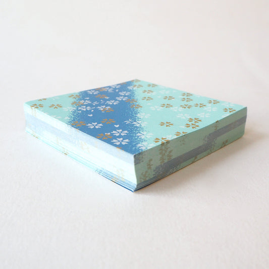 Pack of 100 Sheets 7x7cm Yuzen Washi Origami Paper HZ-467 - Small Cherry Blossom Blue Shades Stripes - washi paper - Lavender Home London