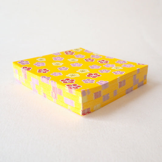 Pack of 100 Sheets 7x7cm Yuzen Washi Origami Paper HZ-498 - Plum Flower Vitamin Yellow - washi paper - Lavender Home London