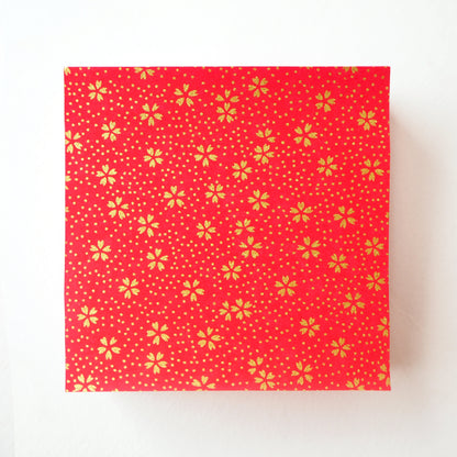 Pack of 100 Sheets 7x7cm Yuzen Washi Origami Paper HZ-502 - Small Gold Cherry Blossom Red - washi paper - Lavender Home London
