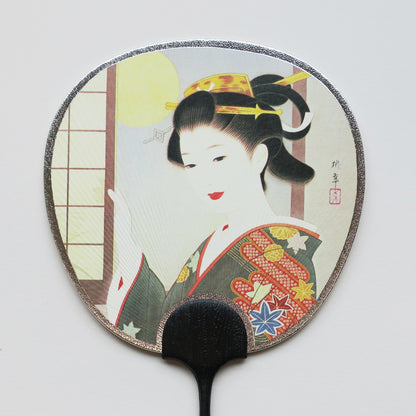Tarjeta de felicitación pequeña abanico Uchiwa - Mujer junto a la ventana 