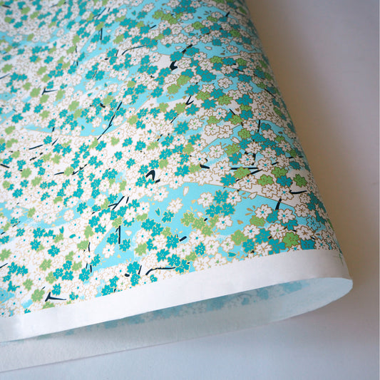 Yuzen Washi Wrapping Paper HZ-001 - Aqua Cherry Blossom - washi paper - Lavender Home London