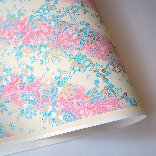 Yuzen Washi Wrapping Paper HZ-003 - Pink Cream Flower Basket - washi paper - Lavender Home London