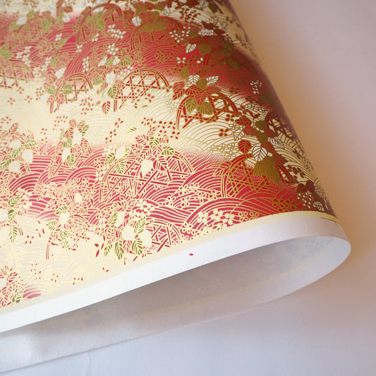 Yuzen Washi Wrapping Paper HZ-049 - Red Cream Flower Basket - washi paper - Lavender Home London