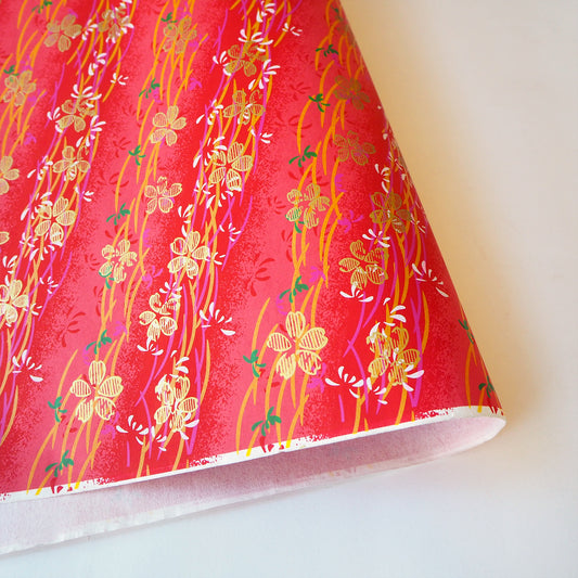 Yuzen Washi Wrapping Paper HZ-083 - Gold Cherry Blossom Red - washi paper - Lavender Home London