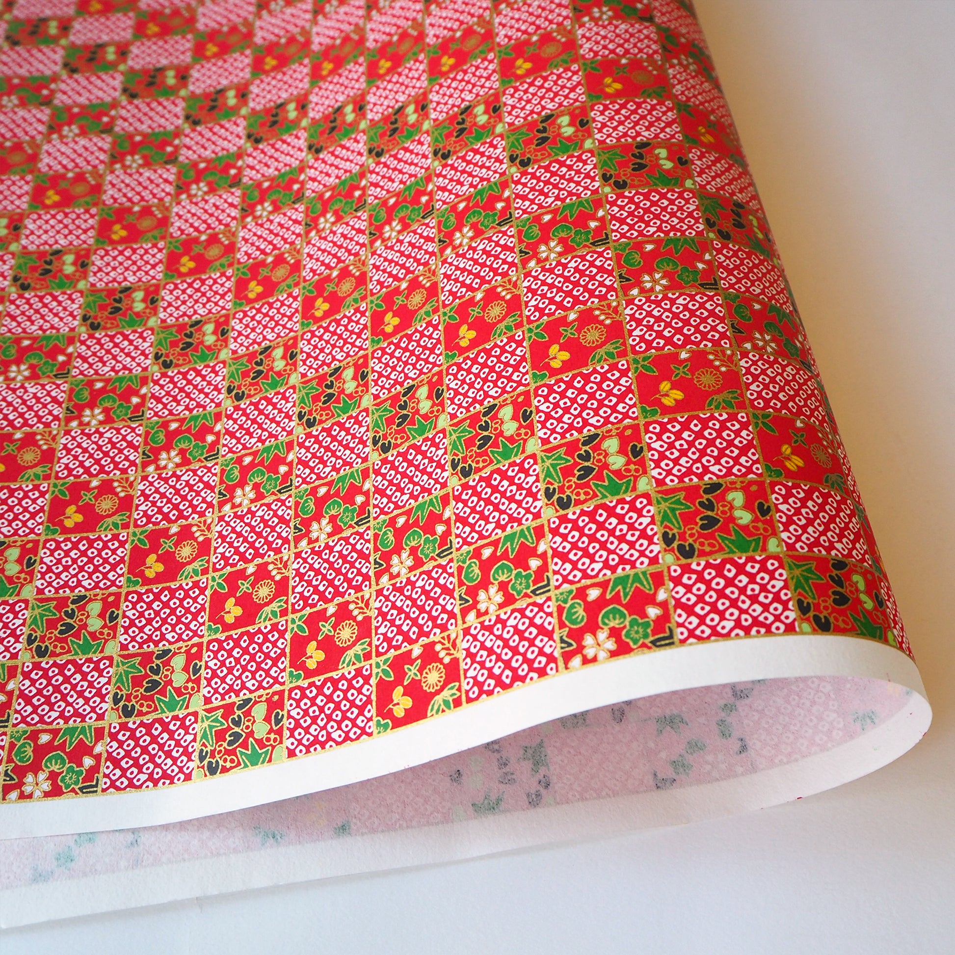 Yuzen Washi Wrapping Paper HZ-093 - Deer's Spots & Checkerboard Red - washi paper - Lavender Home London