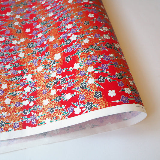 Yuzen Washi Wrapping Paper HZ-097 - Silver Plum Branches Red - washi paper - Lavender Home London