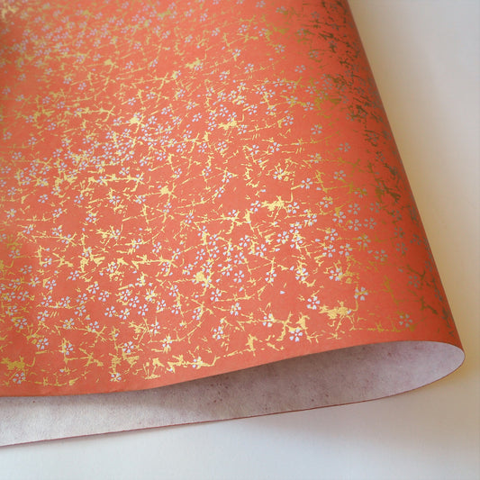 Yuzen Washi Wrapping Paper HZ-184 - Small Silver Cherry Blossom Fire Orange - washi paper - Lavender Home London