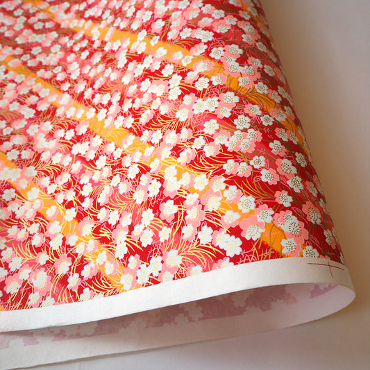 Yuzen Washi Wrapping Paper HZ-186 - Cherry Blossom Red & Orange Stripes - washi paper - Lavender Home London