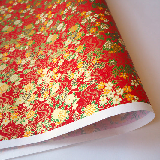 Yuzen Washi Wrapping Paper HZ-201 - Red Flowing Water Flower Garden - washi paper - Lavender Home London