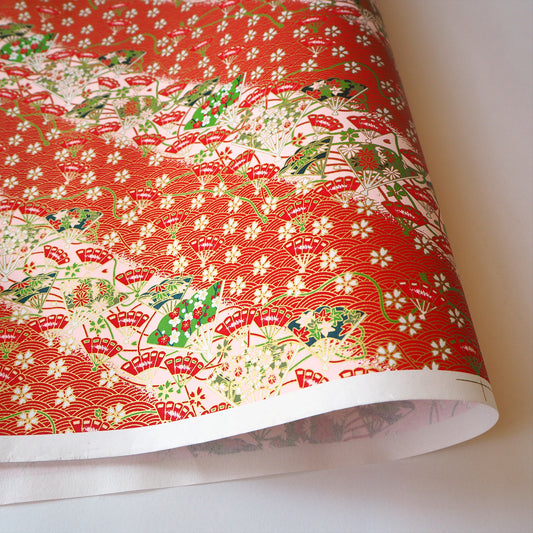 Yuzen Washi Wrapping Paper HZ-202 - Cherry Blossom & Floral Fans Red - washi paper - Lavender Home London