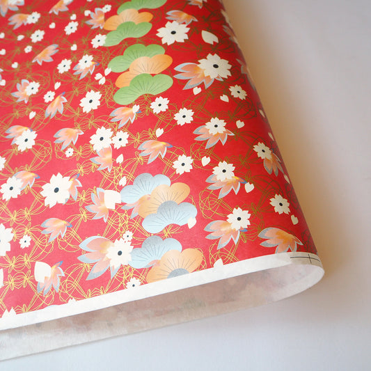 Yuzen Washi Wrapping Paper HZ-241 - Cherry Blossom & Pine Tree Red - washi paper - Lavender Home London