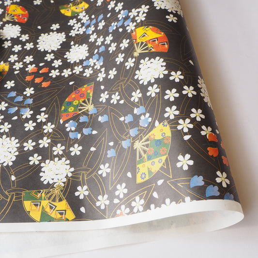 Yuzen Washi Wrapping Paper HZ-243 - Cherry Blossom & Fans Black - washi paper - Lavender Home London