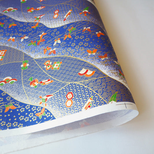Yuzen Washi Wrapping Paper HZ-255 - Butterflies & Old Toys Blue - washi paper - Lavender Home London