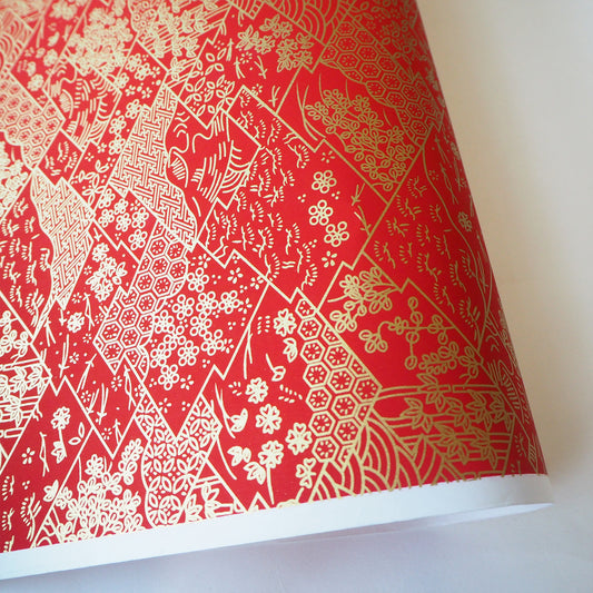 Yuzen Washi Wrapping Paper HZ-313 - Three Lozenges Dark Red - washi paper - Lavender Home London