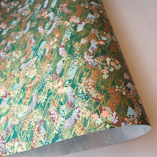 Yuzen Washi Wrapping Paper HZ-369 - Floral Fans Dark Green - washi paper - Lavender Home London