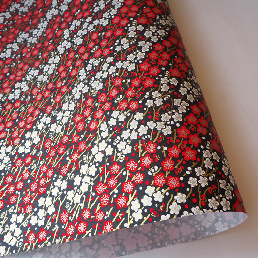 Yuzen Washi Wrapping Paper HZ-382 - Red White Plum Flower Black - washi paper - Lavender Home London