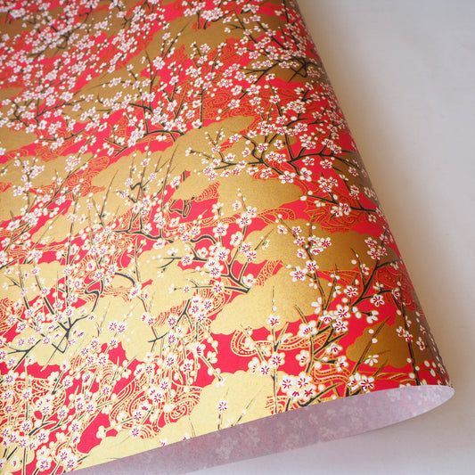 Yuzen Washi Wrapping Paper HZ-383 - Cherry Blossom & Gold Clouds Red - washi paper - Lavender Home London