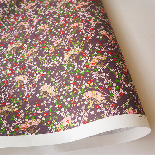 Yuzen Washi Wrapping Paper HZ-405 - Small Plum Flowers & Fans Purple - washi paper - Lavender Home London
