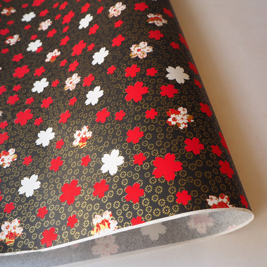 Yuzen Washi Wrapping Paper HZ-444 - Cherry Blossom & Chrysanthemum Black - washi paper - Lavender Home London