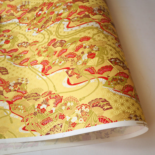 Yuzen Washi Wrapping Paper HZ-449 - Floral Fans & Hemp Leaf Yellow - washi paper - Lavender Home London