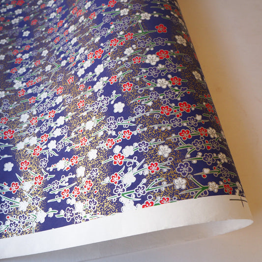 Yuzen Washi Wrapping Paper HZ-459 - Silver Plum Branches Navy - washi paper - Lavender Home London