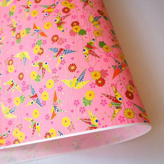 Yuzen Washi Wrapping Paper HZ-463 - Origami Cranes Pink (S) - washi paper - Lavender Home London