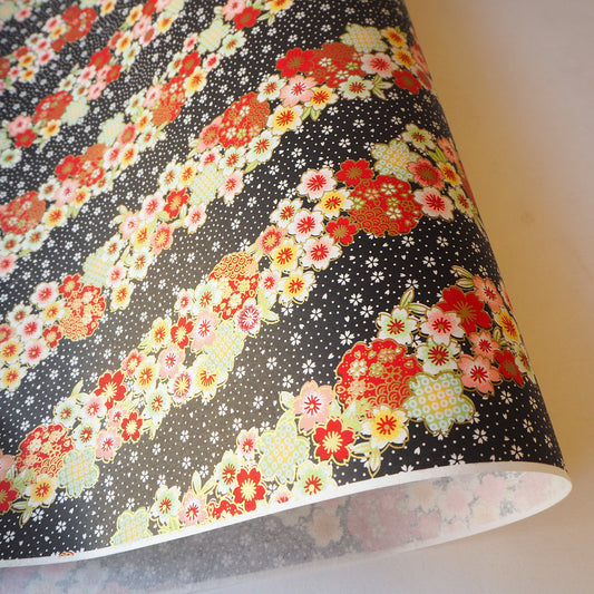 Yuzen Washi Wrapping Paper HZ-466 - Multicoloured Cherry Blossom Black - washi paper - Lavender Home London