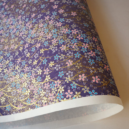 Yuzen Washi Wrapping Paper HZ-468 - Pink Blue Cherry Blossom & Grasses - washi paper - Lavender Home London