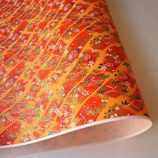 Yuzen Washi Wrapping Paper HZ-476 -  Cherry Blossom & Weight Chain Orange - washi paper - Lavender Home London