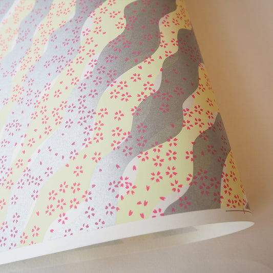 Yuzen Washi Wrapping Paper HZ-489 - Small Cherry Blossom Yellow and Silver Waves - washi paper - Lavender Home London