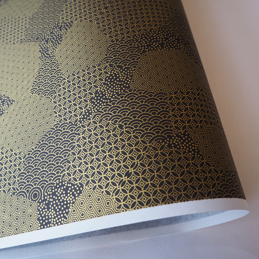 Yuzen Washi Wrapping Paper HZ-496 - Black Gold Mixed Geometric Patterns - washi paper - Lavender Home London