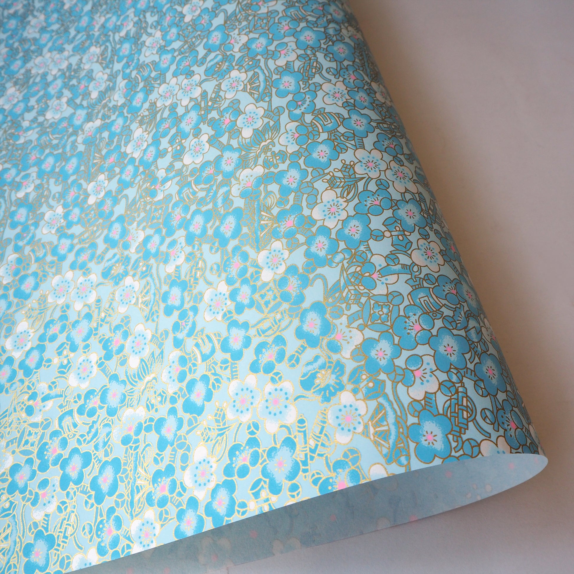 Yuzen Washi Wrapping Paper HZ-500 - Cloudy Plum Flower Aqua Blue - washi paper - Lavender Home London