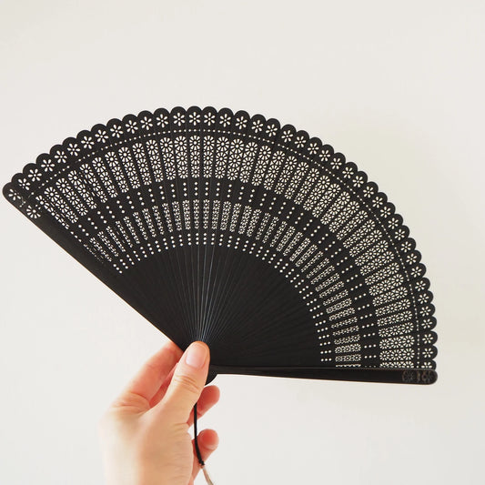 Hand Held Folding Fan - Black Bamboo Vintage Design